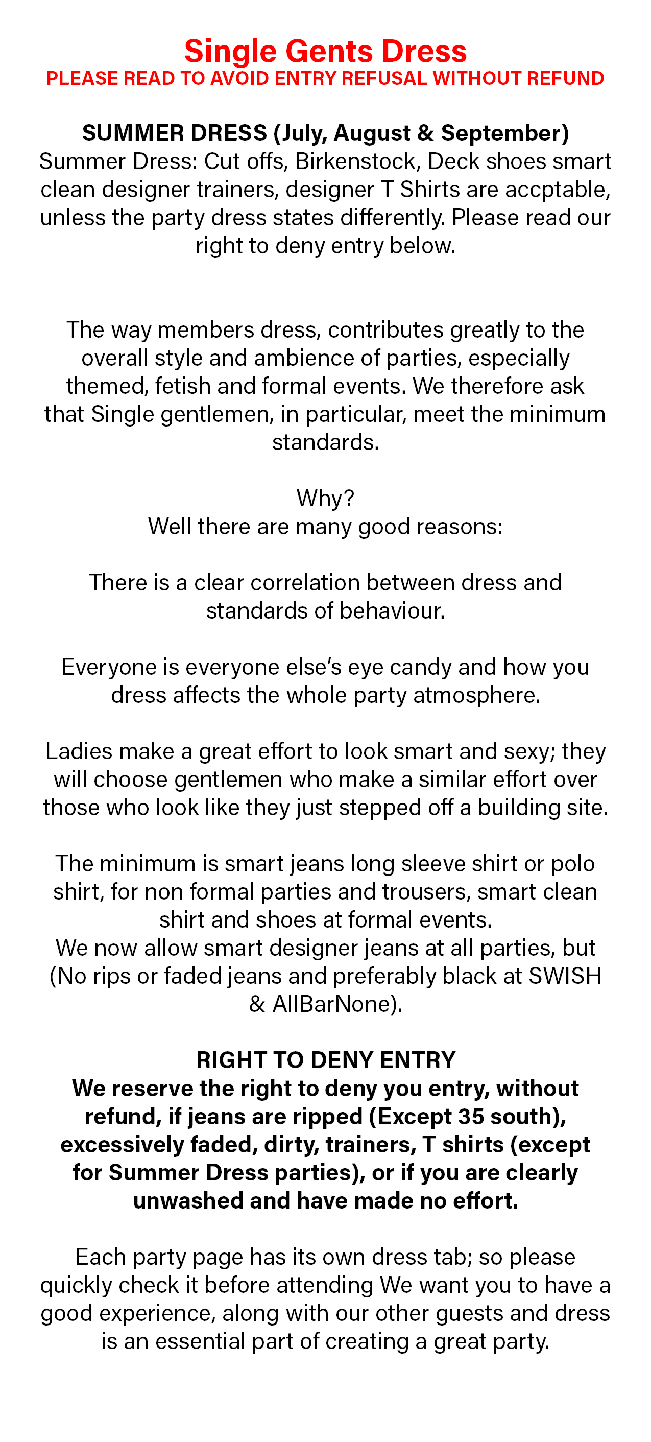 Single Gents Dress standards